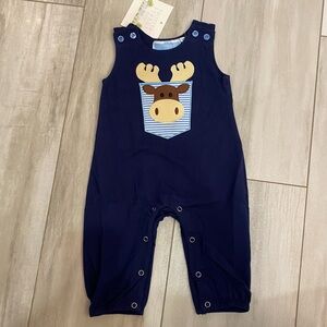 NWT Trotter Street Kids Navy Blue Moose Pocket Woodland Jon Jon Romper, size 3M